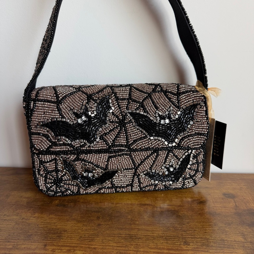 New From India To You Viral Beaded Bat Shoulder Handbag Spooky Halloween Black